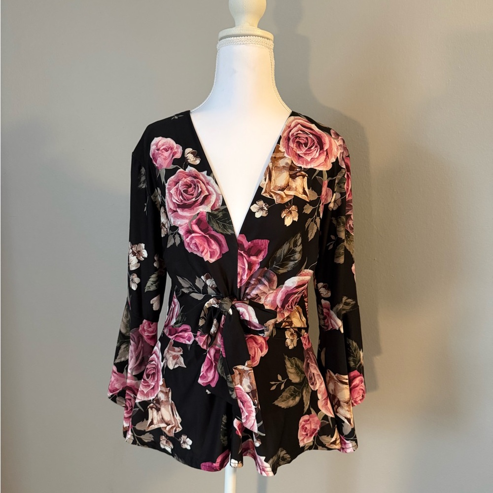 VENUS Peplum Black and Pink Floral Blouse, Flounce Sleeve
